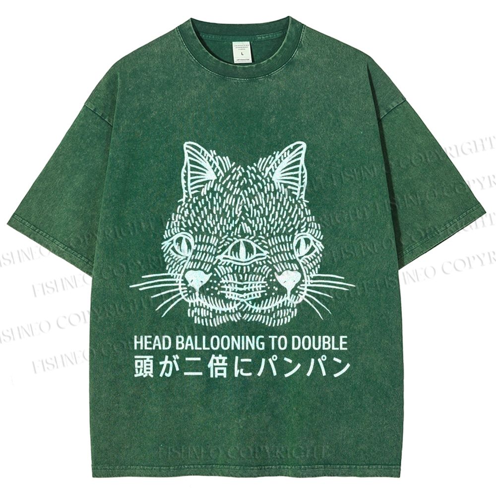 Unisex Japanese Head Ballooning To Double Cat Printed Washed Tee