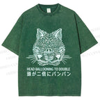 Unisex Japanese Head Ballooning To Double Cat Printed Washed Tee