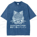 Unisex Japanese Head Ballooning To Double Cat Printed Washed Tee