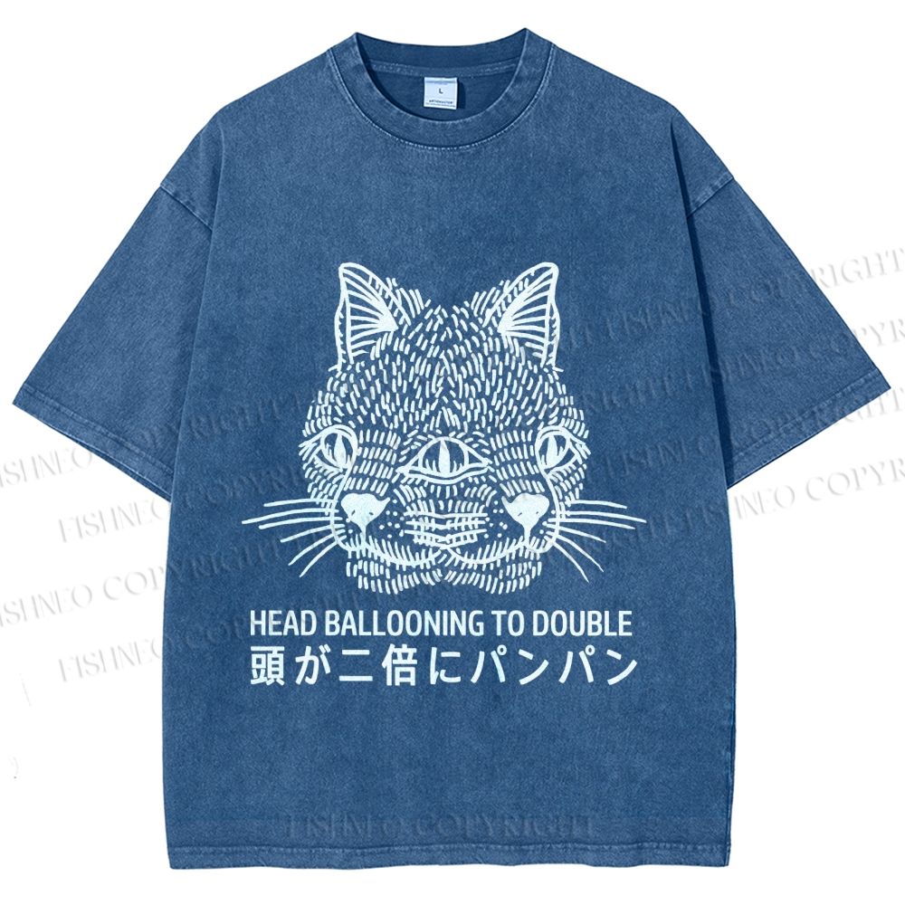 Unisex Japanese Head Ballooning To Double Cat Printed Washed Tee