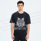 Unisex Japanese Head Ballooning To Double Cat Printed Washed Tee