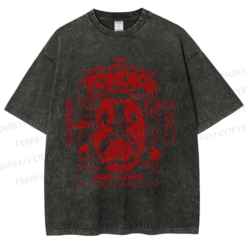 Unisex Japanese Art Graffiti Printed Washed Tee