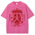 Unisex Japanese Art Graffiti Printed Washed Tee