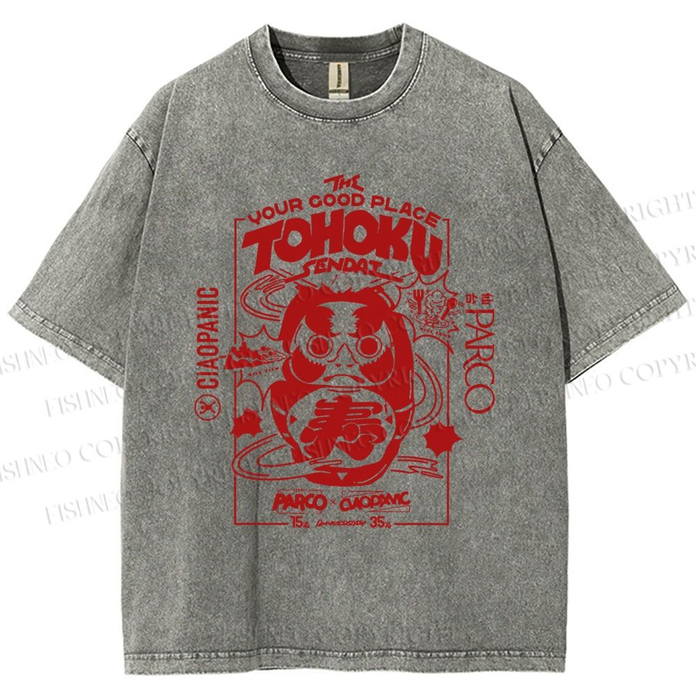 Unisex Japanese Art Graffiti Printed Washed Tee