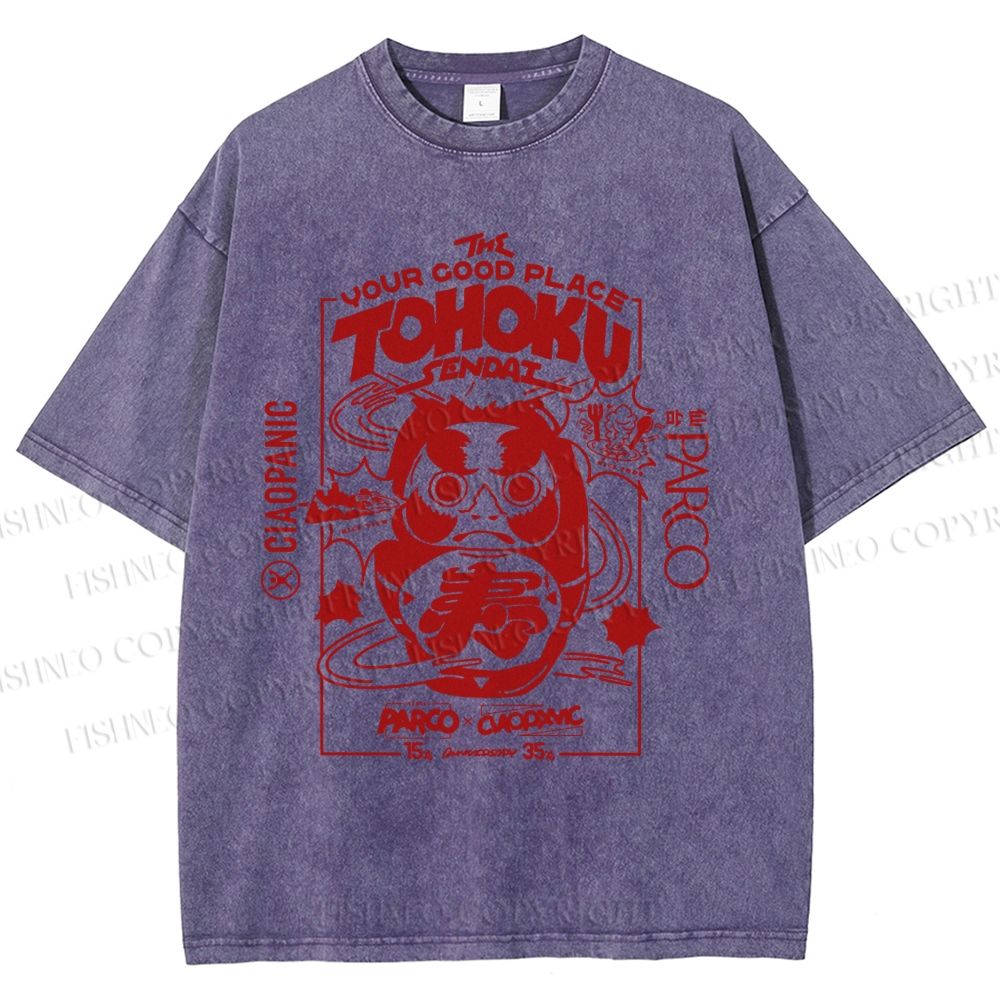 Unisex Japanese Art Graffiti Printed Washed Tee