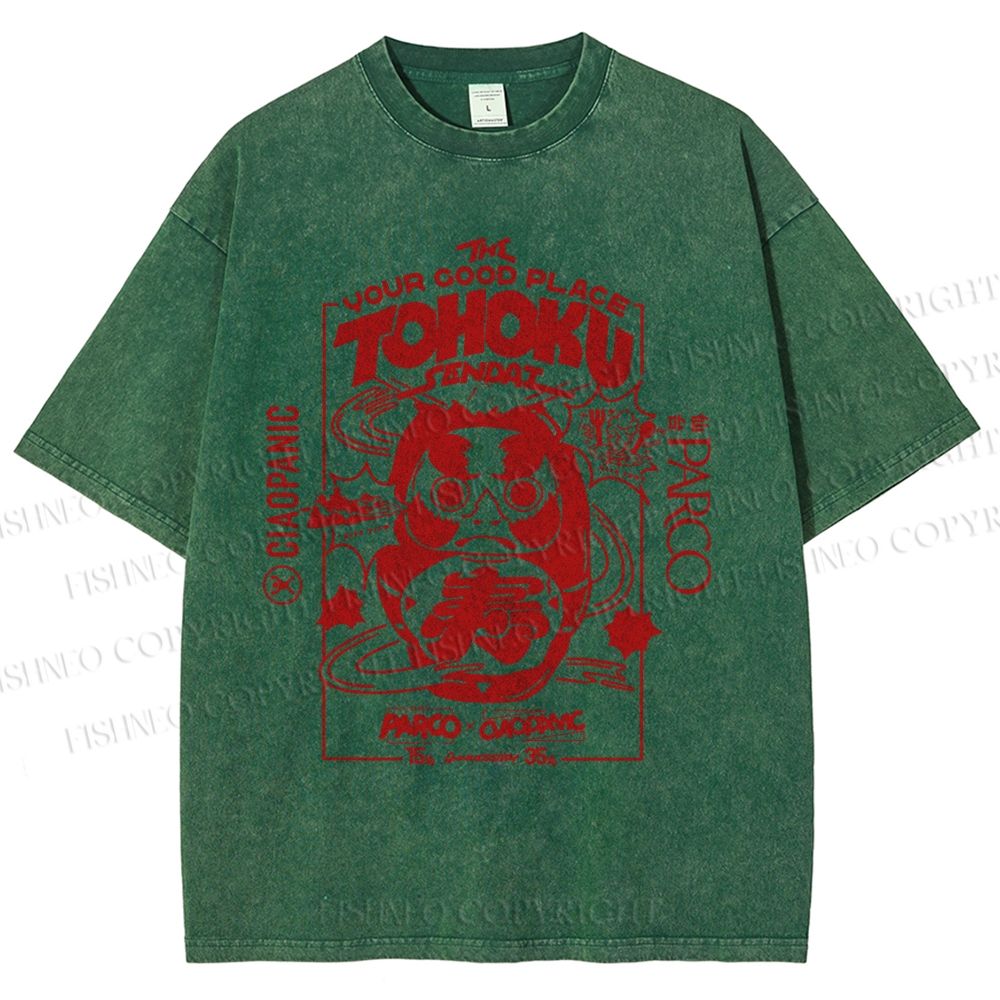 Unisex Japanese Art Graffiti Printed Washed Tee