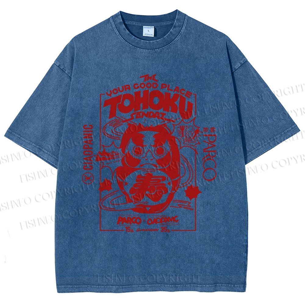 Unisex Japanese Art Graffiti Printed Washed Tee