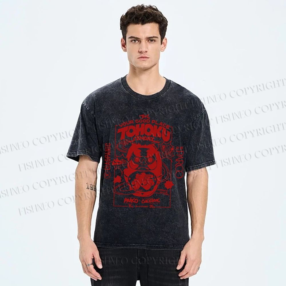 Unisex Japanese Art Graffiti Printed Washed Tee