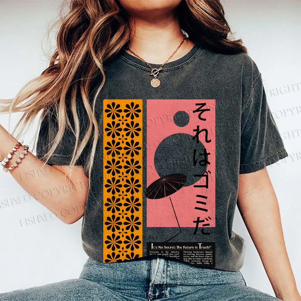 Unisex Vintage Japanese Poster Printed Washed Tee