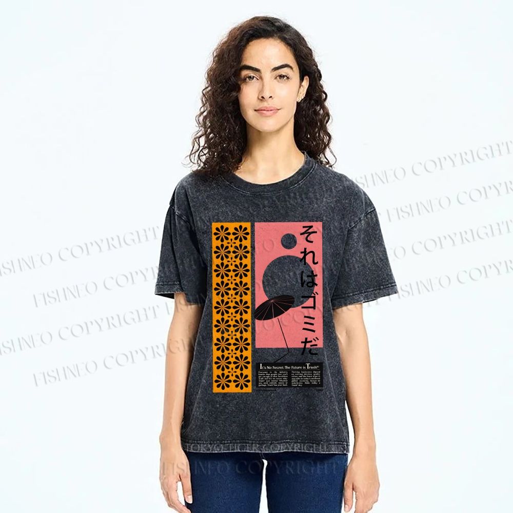 Unisex Vintage Japanese Poster Printed Washed Tee