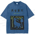Unisex Vintage Japanese Rabbit Printed Washed Tee