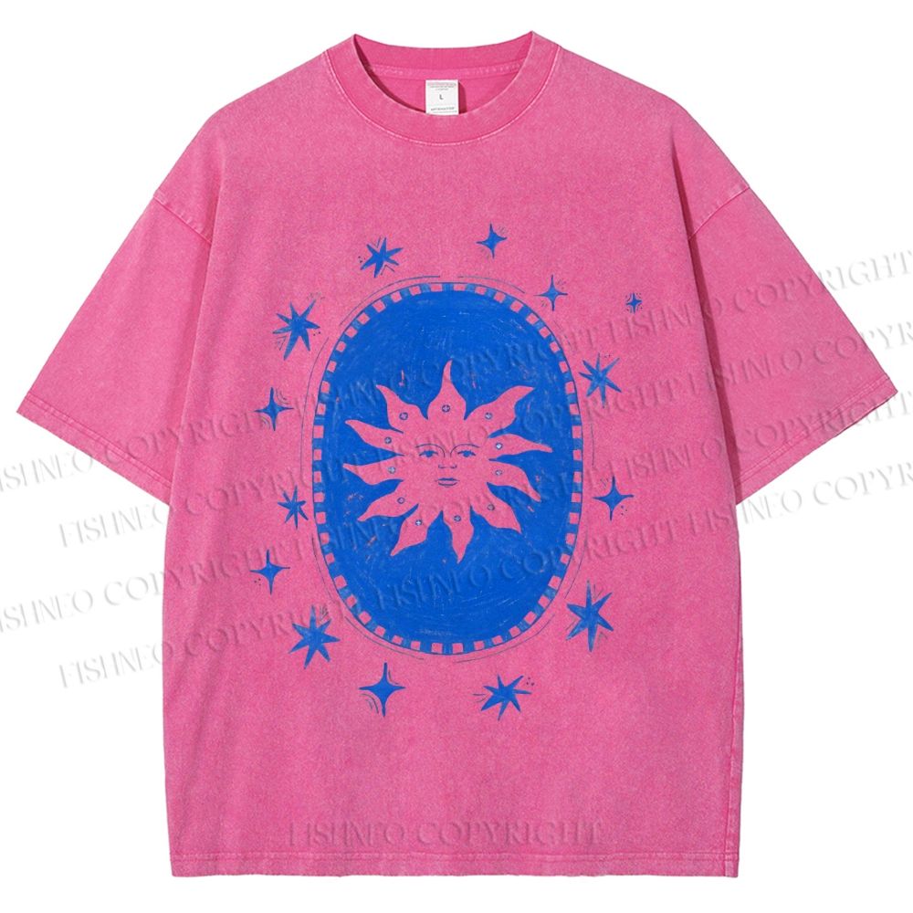 Unisex Vintage Weird Sun Printed Washed Tee