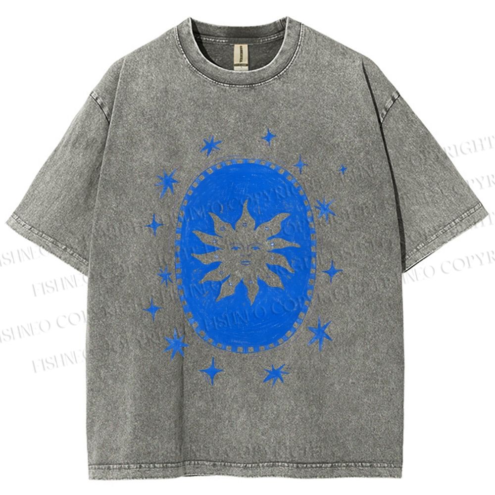 Unisex Vintage Weird Sun Printed Washed Tee