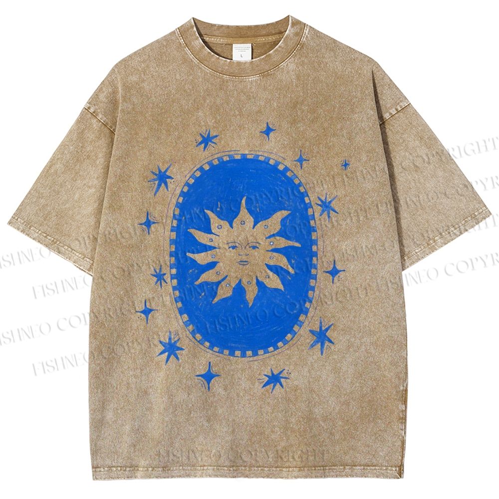 Unisex Vintage Weird Sun Printed Washed Tee