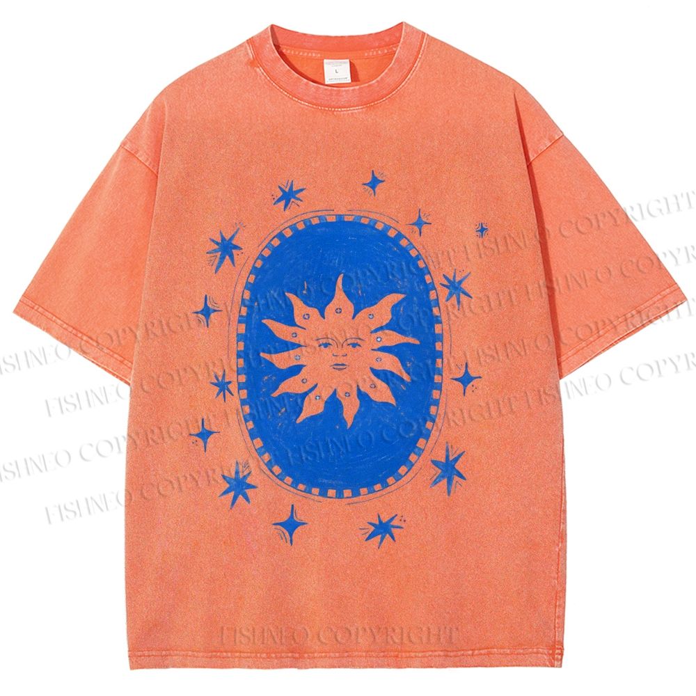 Unisex Vintage Weird Sun Printed Washed Tee