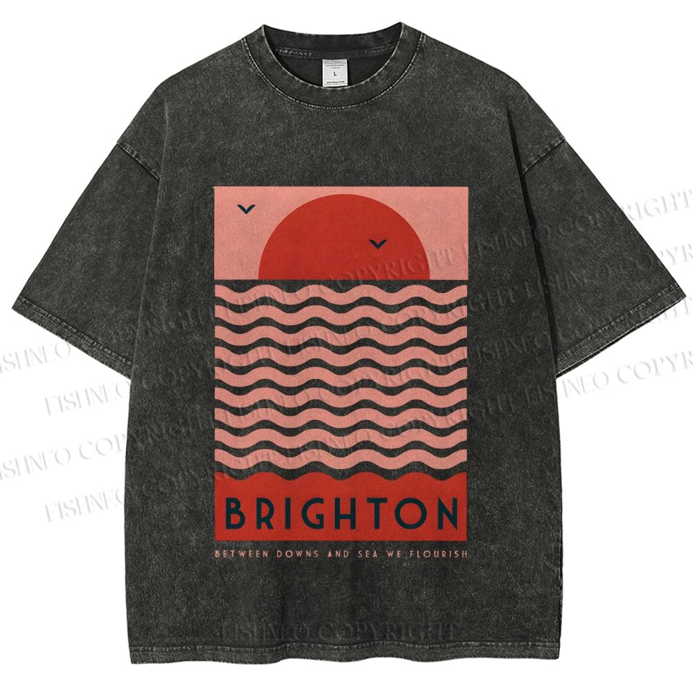 Unisex Sun Sea Wave Printed Washed Tee