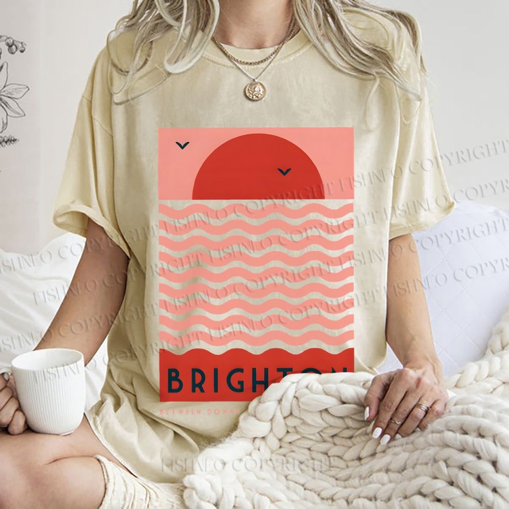 Unisex Sun Sea Wave Printed Washed Tee
