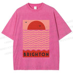Unisex Sun Sea Wave Printed Washed Tee