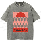 Unisex Sun Sea Wave Printed Washed Tee