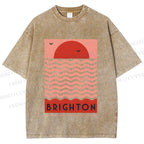 Unisex Sun Sea Wave Printed Washed Tee