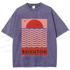Unisex Sun Sea Wave Printed Washed Tee