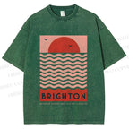 Unisex Sun Sea Wave Printed Washed Tee