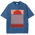 Unisex Sun Sea Wave Printed Washed Tee