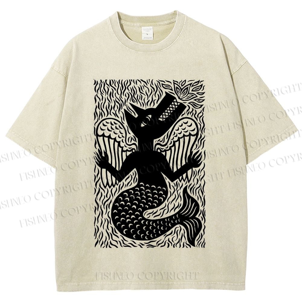 Unisex Vintage Weird Wolf Printed Washed Tee