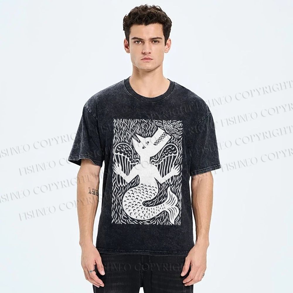 Unisex Vintage Weird Wolf Printed Washed Tee