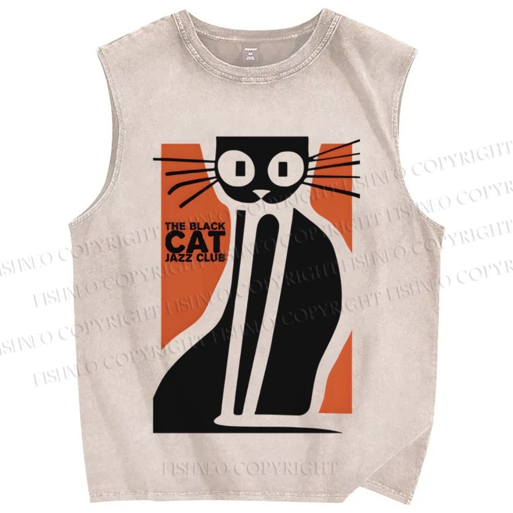 Unisex Vintage Cat Printed Washed Tank Top