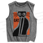 Unisex Vintage Cat Printed Washed Tank Top