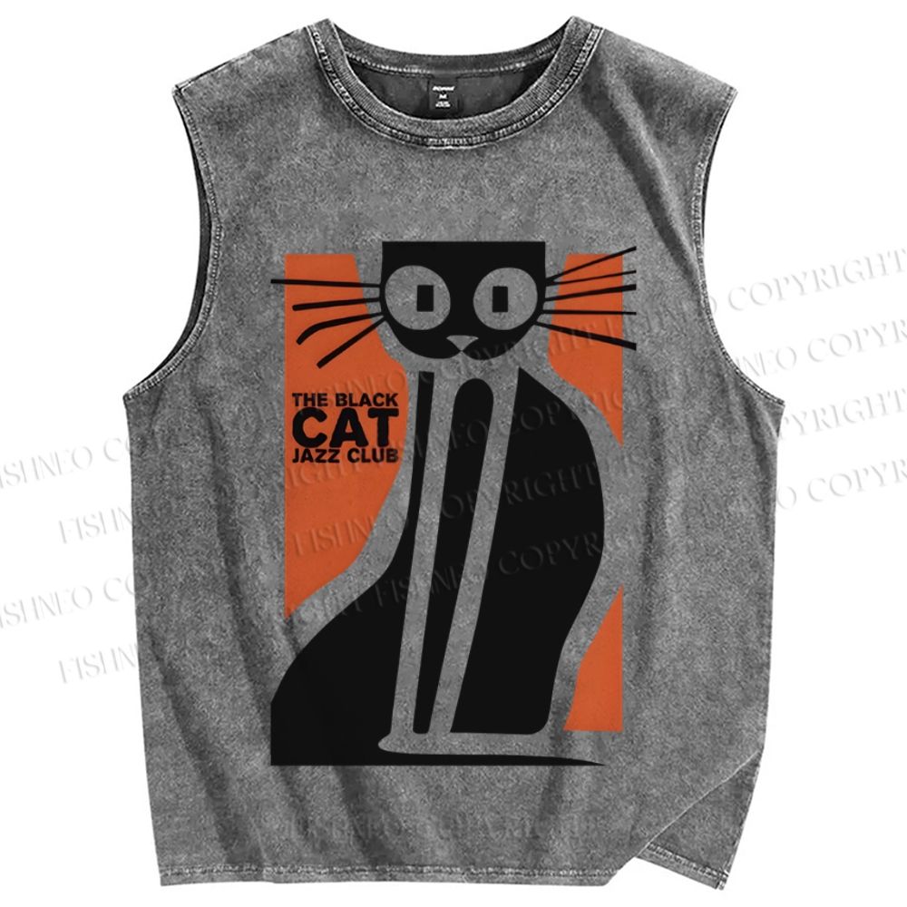 Unisex Vintage Cat Printed Washed Tank Top