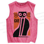 Unisex Vintage Cat Printed Washed Tank Top