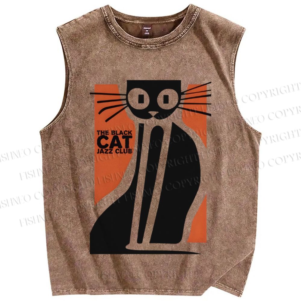 Unisex Vintage Cat Printed Washed Tank Top