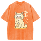 Kawaii Cat with Wine Glass Face Washed T-Shirt
