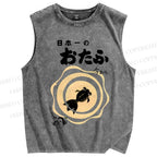 Unisex Vintage Japanese Fish Printed Washed Tank Top