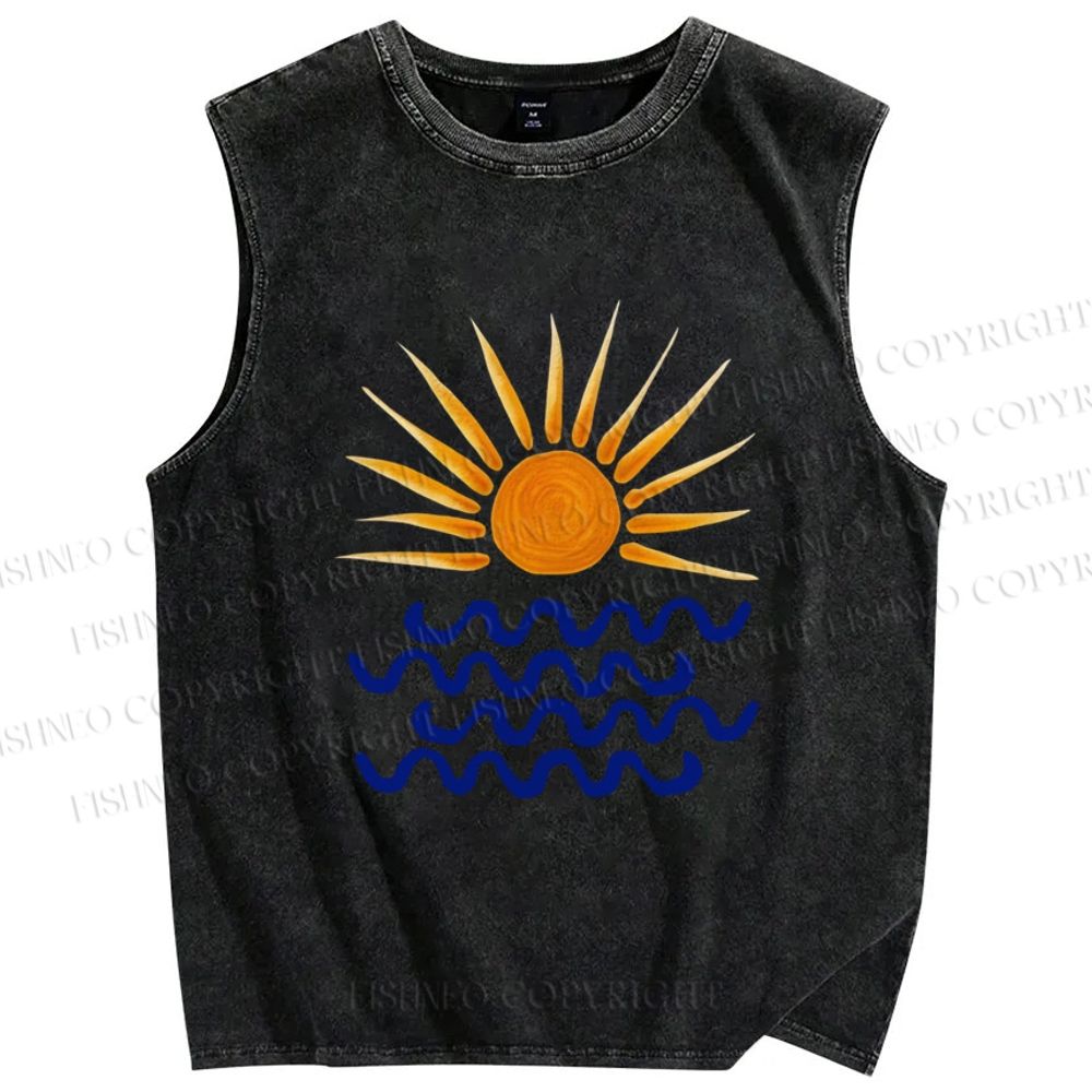 Unisex Sun Sea Wave Printed Washed Tank Top