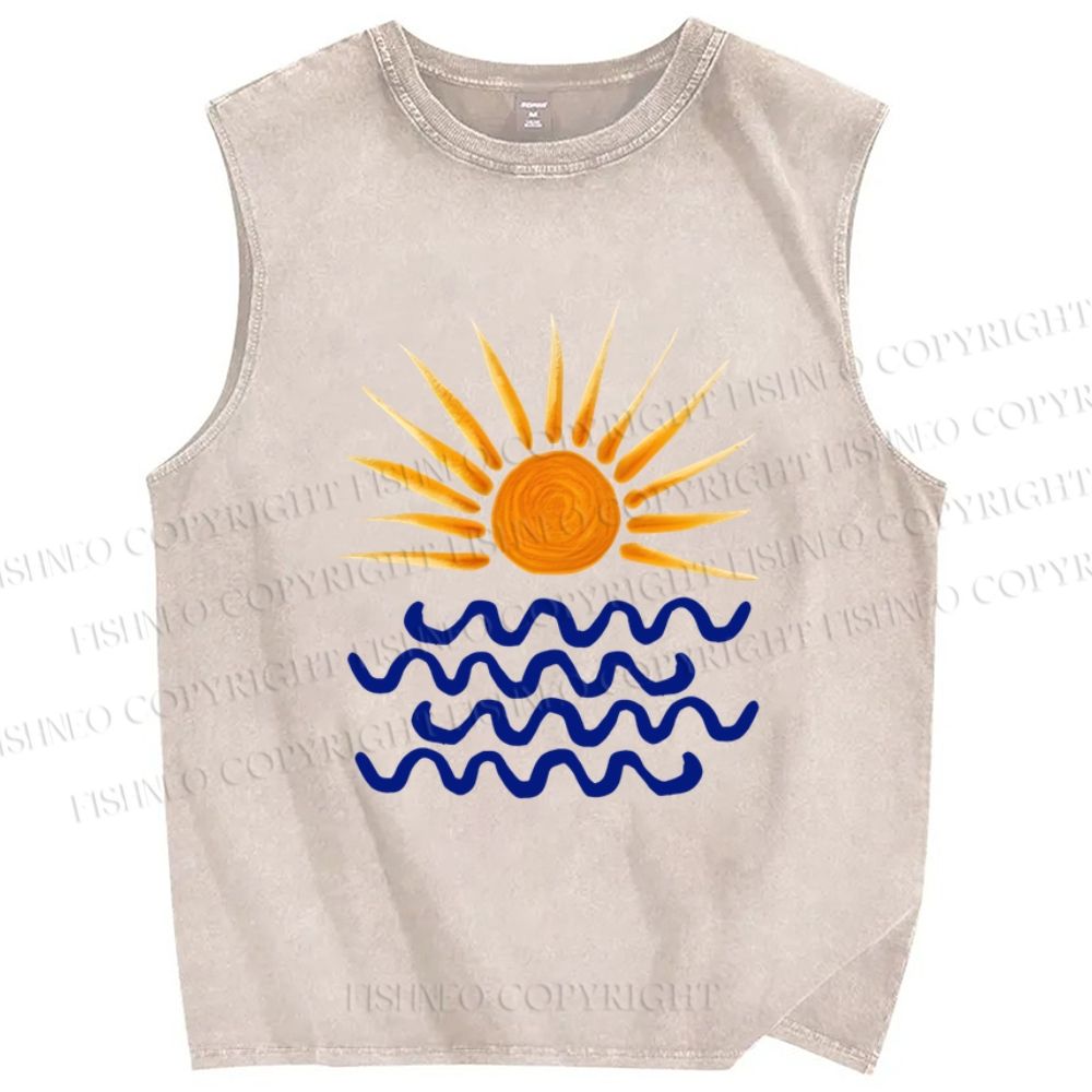 Unisex Sun Sea Wave Printed Washed Tank Top