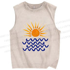 Unisex Sun Sea Wave Printed Washed Tank Top
