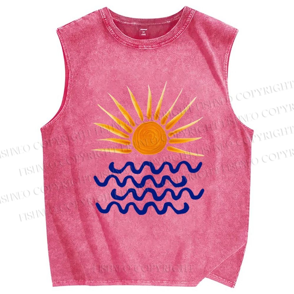 Unisex Sun Sea Wave Printed Washed Tank Top