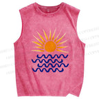 Unisex Sun Sea Wave Printed Washed Tank Top