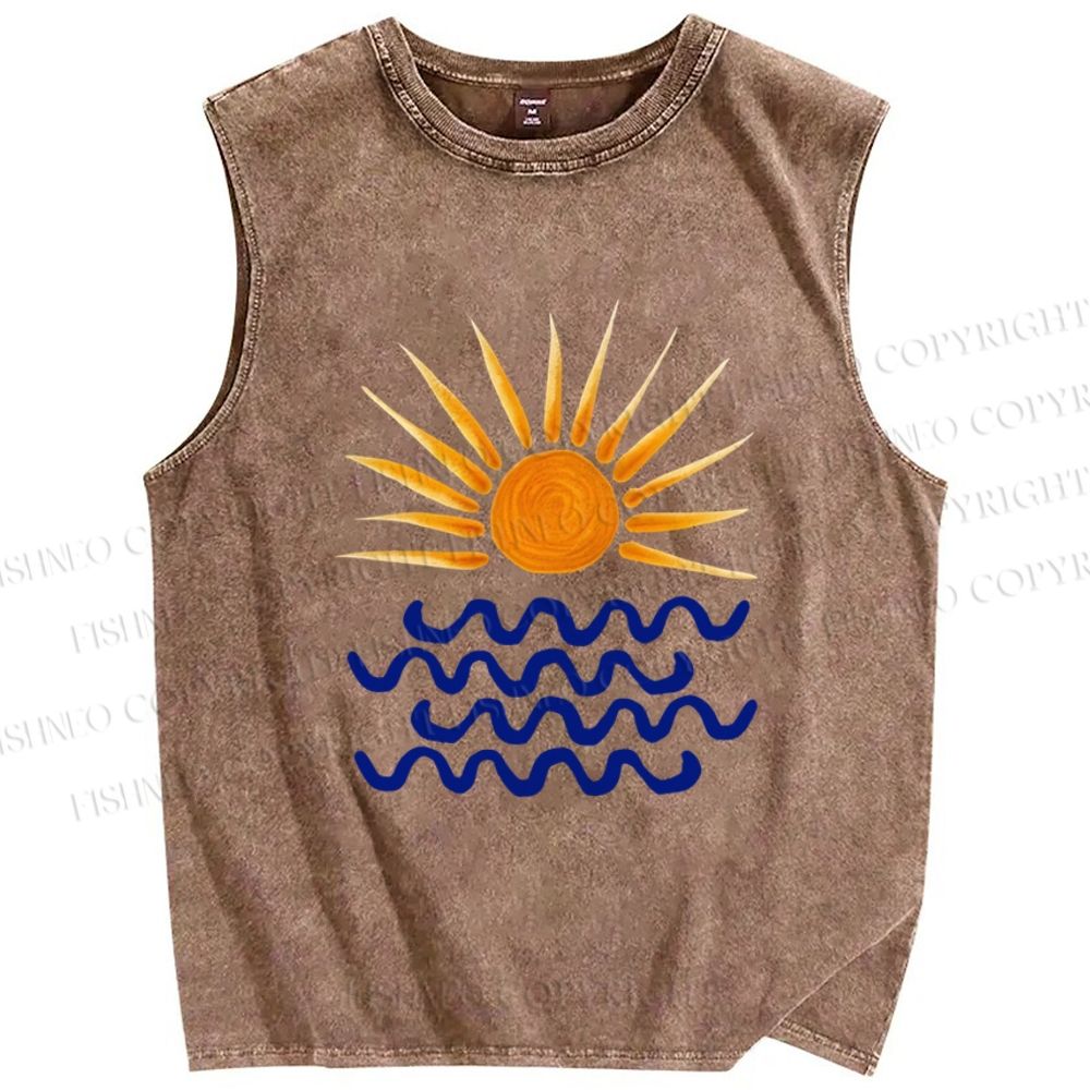 Unisex Sun Sea Wave Printed Washed Tank Top