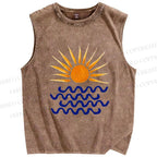 Unisex Sun Sea Wave Printed Washed Tank Top
