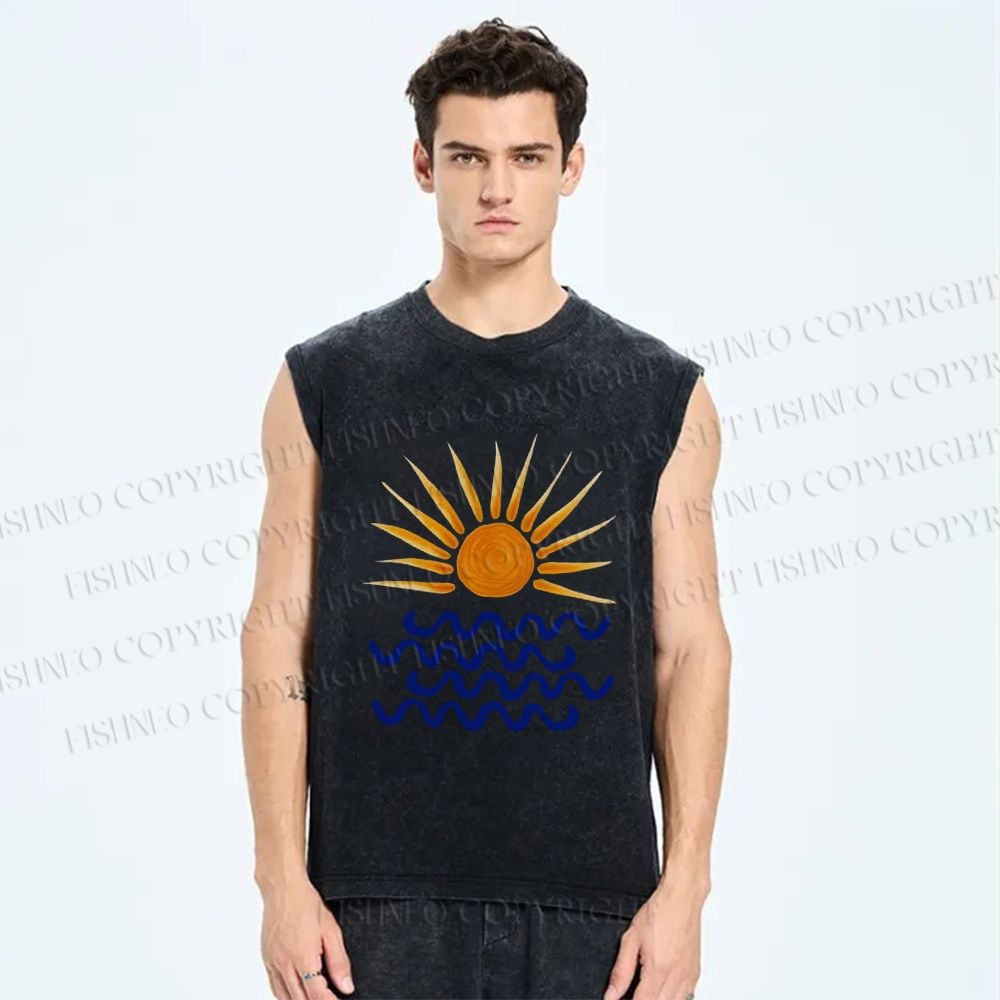 Unisex Sun Sea Wave Printed Washed Tank Top