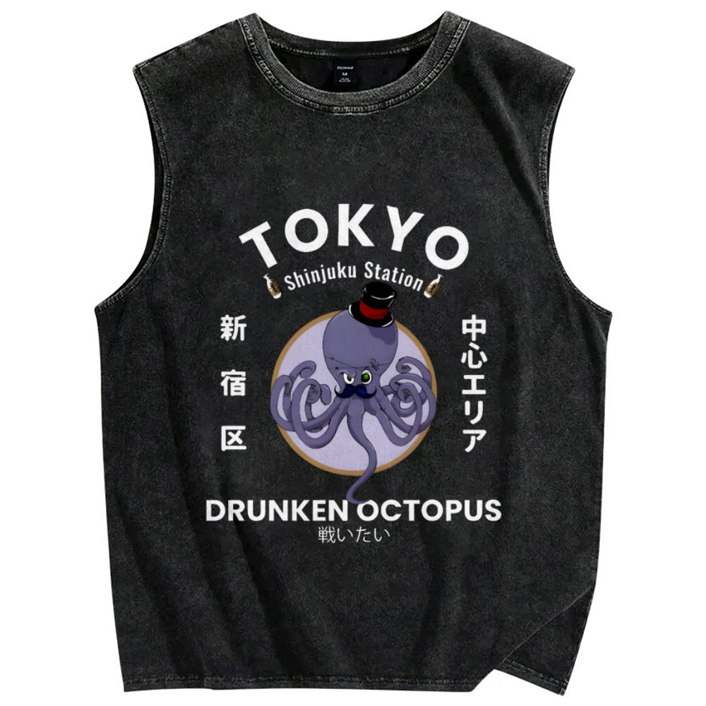 Tokyo Drunken Octopus Pure Cotton Wash-Dyed Sleeveless Tank Top