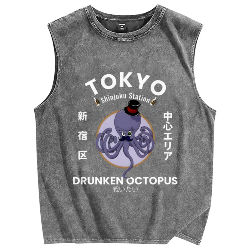 Tokyo Drunken Octopus Pure Cotton Wash-Dyed Sleeveless Tank Top