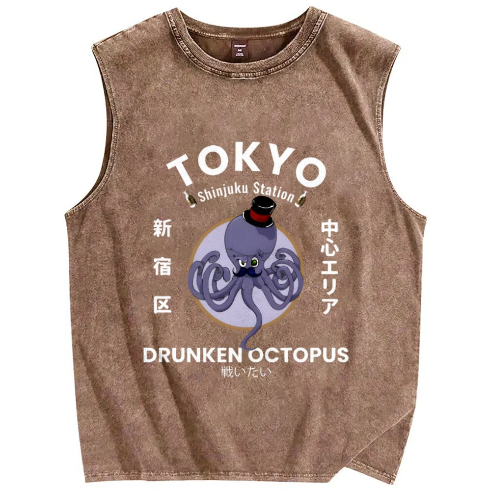 Tokyo Drunken Octopus Pure Cotton Wash-Dyed Sleeveless Tank Top