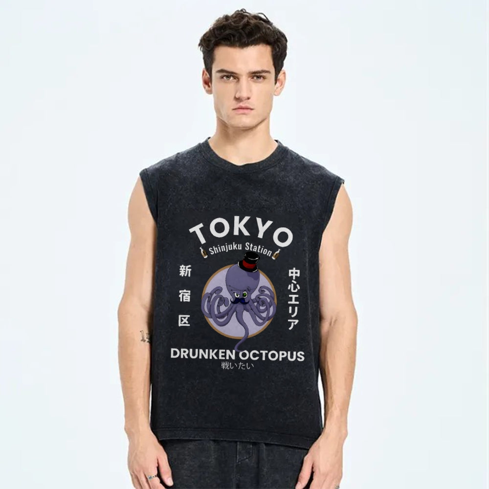 Tokyo Drunken Octopus Pure Cotton Wash-Dyed Sleeveless Tank Top