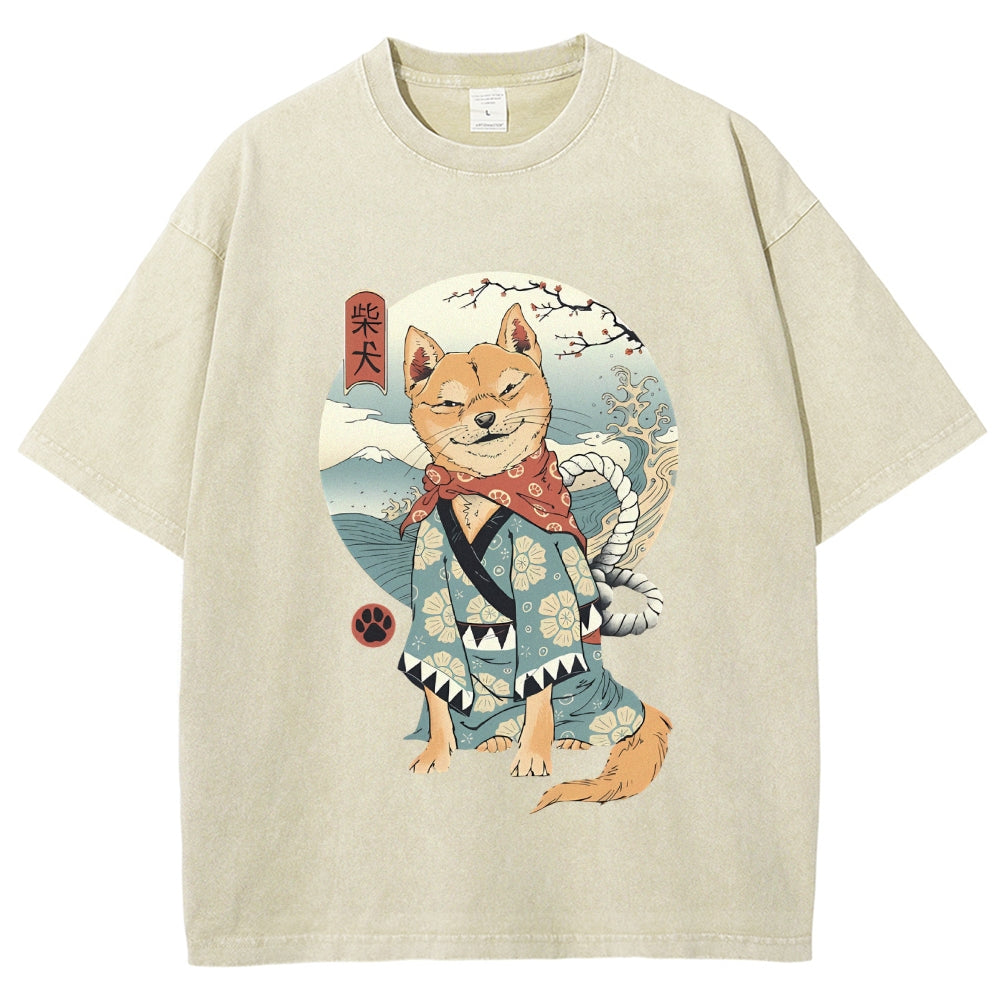 Smiling Shiba Inu Washed Vintage Short Sleeves T-Shirt