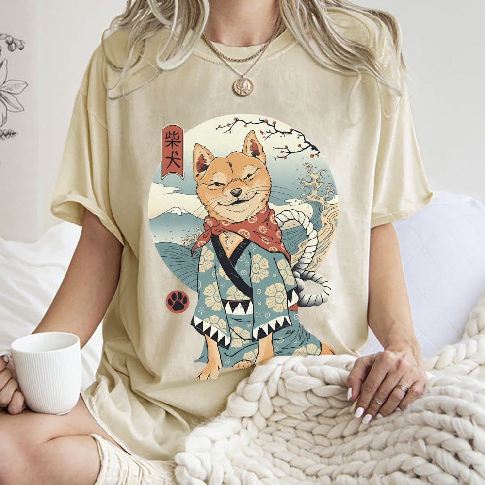 Smiling Shiba Inu Washed Vintage Short Sleeves T-Shirt